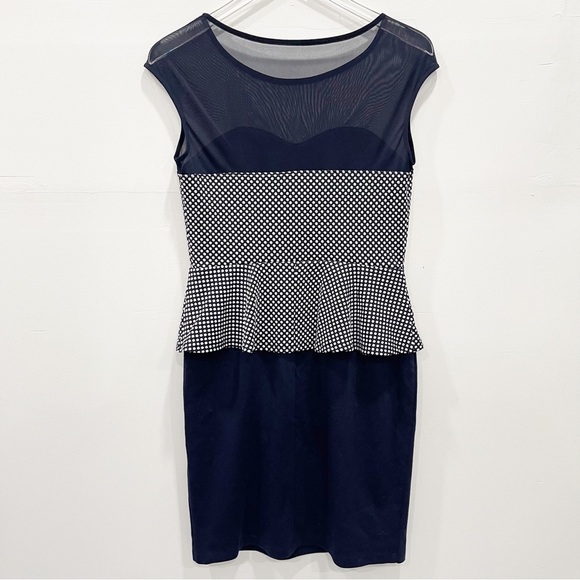 Enfocus Studio Sheer Yoke Polka Dot Peplum Dress Pencil Skirt Size 8 Navy Blue - Picture 2 of 9